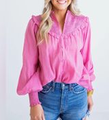 Karlie‎ Large Pink Linen Smock Top Button Up Long Sleeve Lightweight Ruffle NWOT Photo 0