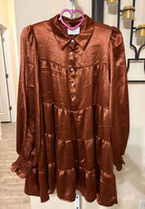Fantastic Fawn Copper Brown Satin Tiered Mini Dress Long Sleeve Collared Medium Photo 0