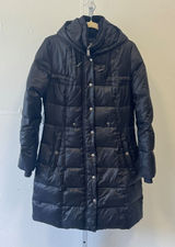 DKNY Women's Black Hooded Long Puffer Coat Down Fill Fleece Lined Jacket Small Photo 0
