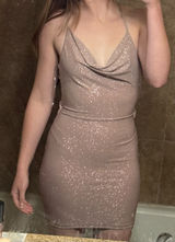Triple Seven Pink Taupe Sparkling Mini Cocktail Party Cross Back Dress Sz Small Photo 0