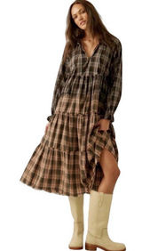 Prómesa Truly Tartan Tiered Midi Prairie Dress Black Brown Ombre Plaid Boho Sz S Photo 0
