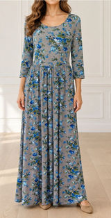 April Cornell M Gray Blue Floral Maxi Dress Cottagecore Romantic 3/4 Sleeve Photo 0