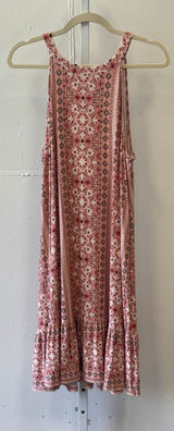 LOFT Outlet Pink Floral Medallion Halter Swing Dress XL Ruffle Hem Keyhole Back Photo 0