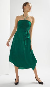 White House | Black Market NEW $170 Strapless Halter Pleated Tie-Waist Midi Dress in Emerald Green 00 Photo 0