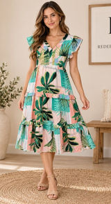Entro Tropical Palm Leaf Print Ruffle Tiered Midi Dress V-Neck Green Pink S Photo 0