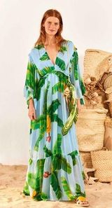 Farm Rio Fresh Bananas Butterfly Sleeve Maxi Dress Light Blue Green Size XS NWT Photo 0