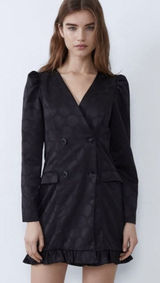 ZARA Jacquard Dot Puff Shoulder Blazer Mini Dress Black Size Small Photo 0