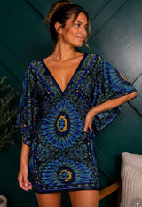 Boho Blue Geometric Mini Dress | V-Neck Bell Sleeve Bodycon Festival Resort Photo 0
