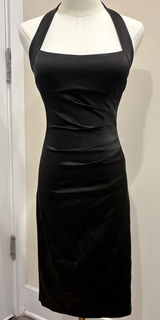 VTG Y2K Cache Black Satin Halter Ruched Bodycon Cocktail Wiggle Dress Pinup Sz 2 Photo 0