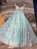 Morrell Maxie Size 4 Aqua White Floral Lace Off‎ Shoulder Formal Gown Photo 0