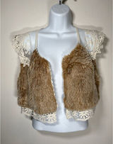 MYSTREE Faux Fur Lace Vest Shrug Brown Cream Boho Hippie Festival Size Small‎ Photo 0