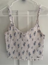 Hollister White Blue Floral Smocked Crop Tank Top Ruffle Straps Medium Photo 0