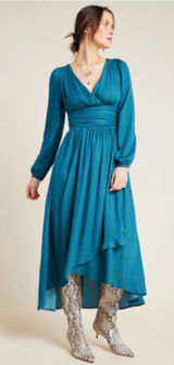 Anthropologie Maxi Dress Gwendolyn 4 Teal High Low Pleated V-Neck Boho Wedding Photo 0