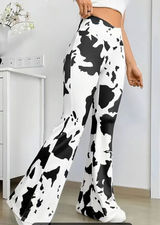 Y2K Western Flare Leggings Black White Cow Print Bell Bottom Pants Photo 0
