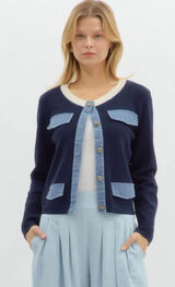 Entro Navy Knit Cardigan Jacket with Light Denim Trim Size Small Women's Photo 0