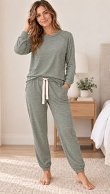 Plain Jane Women Sage Green Striped Modal Fleece Lounge Set Top & Joggers Small Photo 0