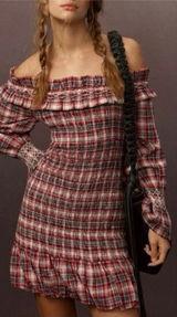 Anthropologie Pilcro Smocked Plaid Off-Shoulder Ruffle Mini Dress M Red White Photo 0