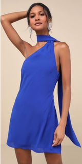 LULU’S Isloda Blue One Shoulder Backless Sash Mini Dress Photo 0