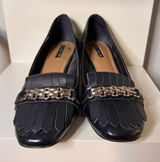 Navy Blue Patent Leather Block Heel Loafers with‎ Chain Detail & Fringe Photo 0