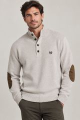 Chaps Ivory Mock Neck Henley Sweater Grandad Acadia Knit Suede Elbow Patch L Photo 0