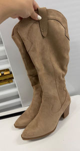 Tan Faux Suede Western Knee High Boots Pointed Toe Block Heel Size 8.5 Photo 0