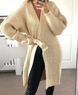 Chunky Cardigan Large Belted Beige Midi Length Length Photo 0