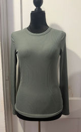 No Boundaries Green Ribbed Long Sleeve Top Crew Neck Shirt Women Medium M Photo 0