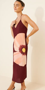 Anthropologie Astoria Halter Midi Slip Dress with Large Floral Print in Burgundy Photo 0