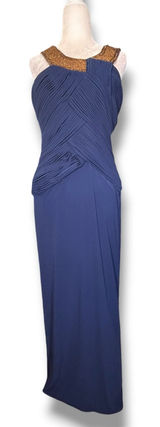 Vintage Navy Blue Beaded Evening Gown Art Deco Formal Maxi Dress Wedding Guest Photo 0