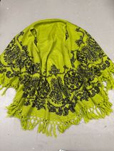 Vintage Raj Green Black Fringed Knit Poncho Cape Shawl Grandmacore One Size Photo 0