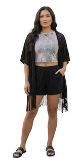 Olive Tree Black Fringe Kimono Geometric print Women’s Size S/M Photo 0
