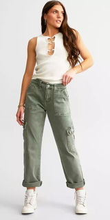 VERVET Buckle Green Stretch Cargo Y2K High Rise Wide Leg Pant Streetwear Size 24 Photo 0