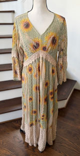Origami Green Tan Sunflower Burnout Lace Trim Renaissance Boho Western Dress Photo 0