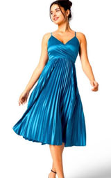 Halara Blue Silky Satin Wrap Front Pleated Skirt Midi Dress NWOT M Photo 0