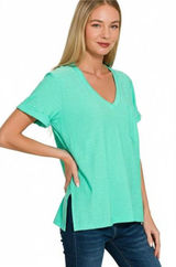 Zenana Slub Rolled Short Sleeve V-Neck Tee‎ Photo 0