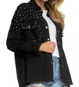 Fantastic Fawn Studded Jacket Black L Collared Snap Frayed Long Sleeve Photo 0