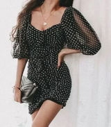 ZARA Chiffon Black Polka Dot Ruched Mini Dress Black Gray Party Blogger‎ Small Photo 0
