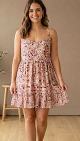Fossil Pink Mini Dress Watercolor Abstract sleeveless M‎ Ruffle Hem Party Corset Photo 0