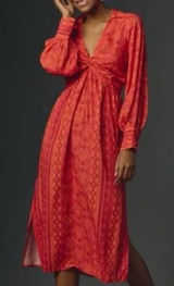 Farm Rio Midi Dress Womens Small Red Orange Long Sleeve V-Neck Photo 0