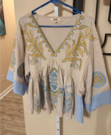Blue Velvet Boho Embroidered Babydoll Top Beige Blue Yellow V-Neck S/M Photo 0
