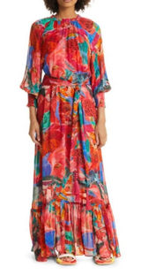 Farm Rio Animal Collage Maxi Dress Red Long Sleeves Tiered Beaded Tassels Photo 0