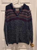 Natural Reflections Women XL Fair Isle Hooded Sweater Blue Burgundy Mixed Knit Photo 0