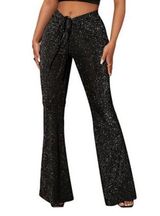 SOLY HUX Metallic Sequin Tie Front Elastic Waist Flare Leg Bottom Disco Pants XL Photo 0