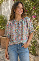 Anthropologie Jennifer Grace Floral Smocked Neck Top in Mint, Lilac, Pink Medium Photo 0