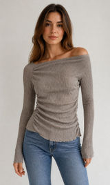 Zara Taupe Ruched Long Sleeve Off Shoulder Top M Photo 0