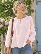 Lands’ End Pink Long Sleeve Lightweight Lace Eyelet Trim Cotton Tunic Top Photo 0
