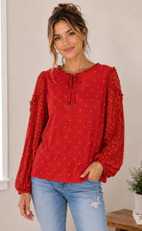 Maeve Anthropologie Red Geometric Dot Mixed Media Ruffle Tie Neck Blouse Medium Photo 0