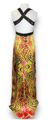 Y2K Zum Zum Niki Livas Neon Animal Print Sequin Halter Maxi‎ Dress XS Open Back Photo 0