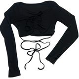 Ruched Bust Wrap Tie Long Sleeve Crop Top Black Medium Y2K Coquette Balletcore Photo 0