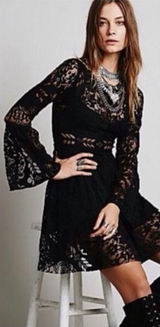 Free People Lovers Folk Song Dress Size 2 Black Lace Bell Sleeve Cutout Back Photo 0